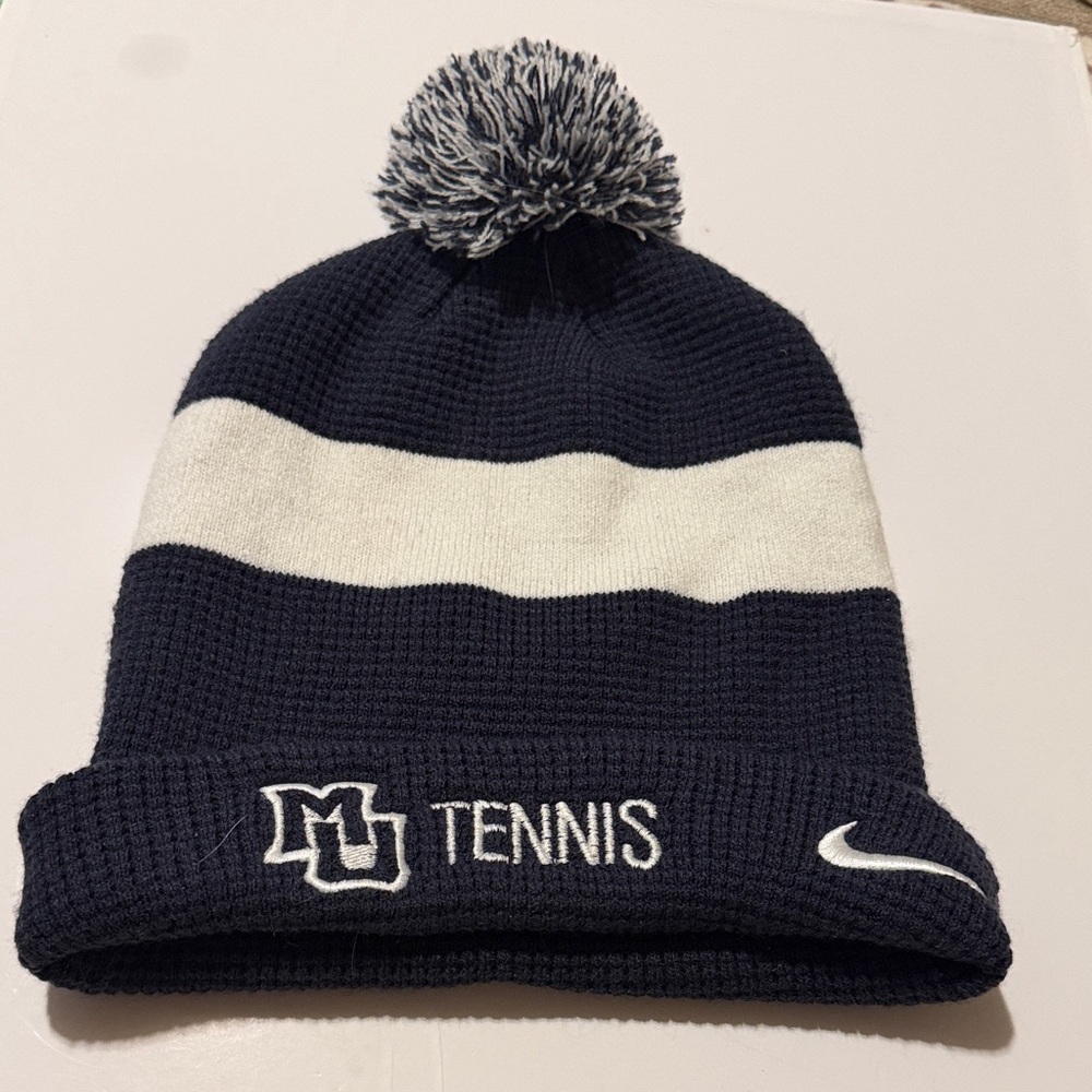 Nike Navy and White Tennis Beanie with Pom